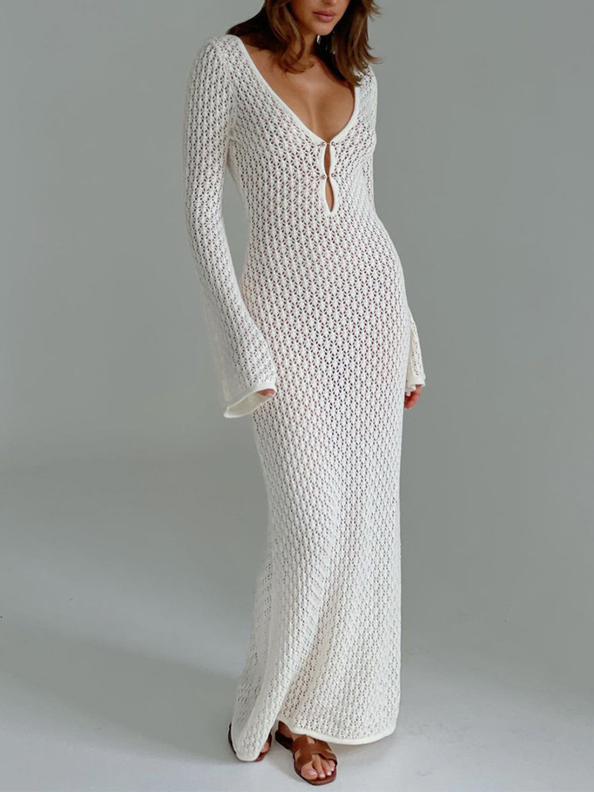 strapless open back dress Sparkly Lace Long Sleeve Fit-And-Flare Wedding Dress With Open Back main image 1