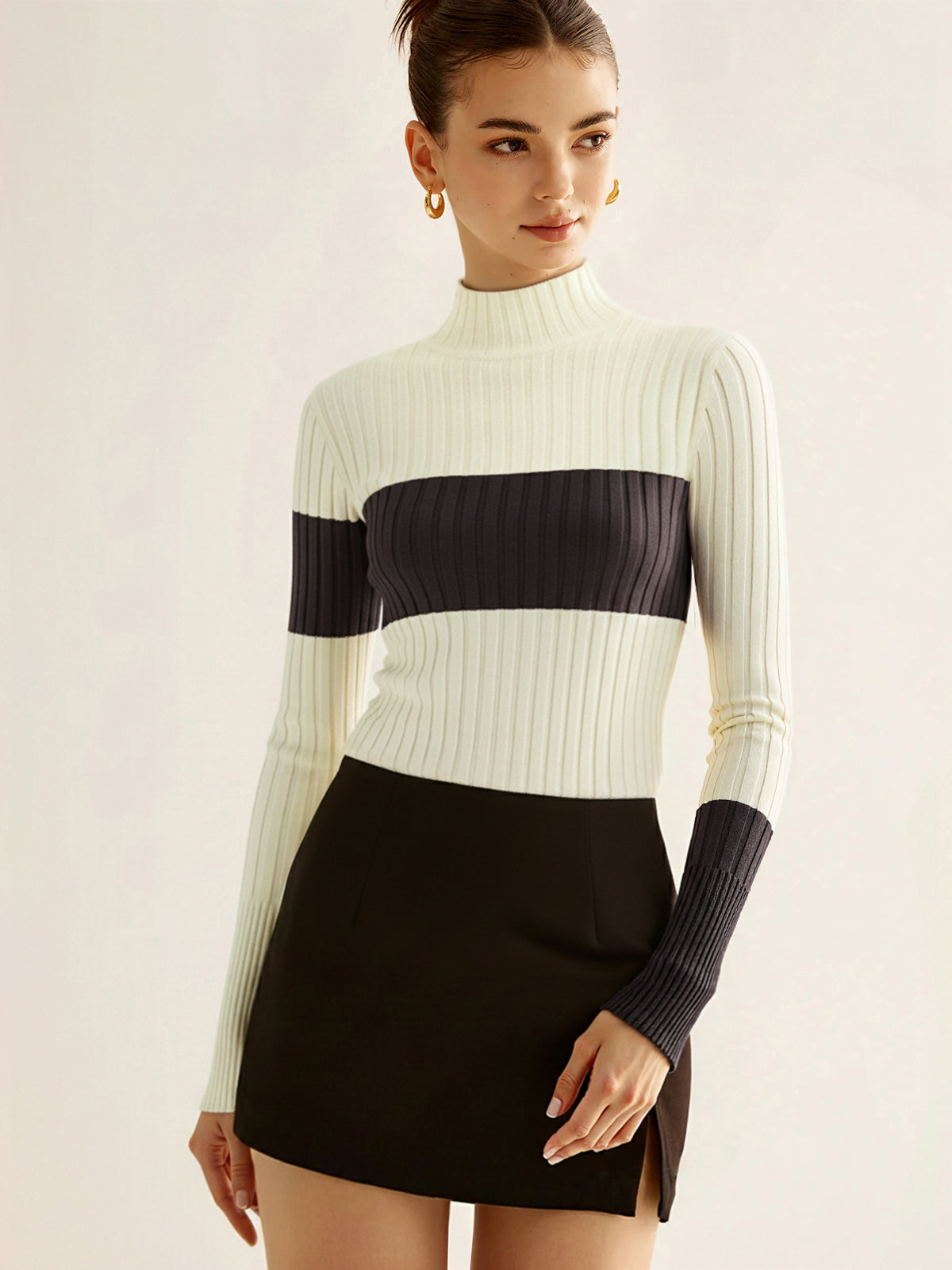 Rib Color Block Mock Neck Long Sleeve High-waist Mini Skirt With Front Zipper Set main image 1