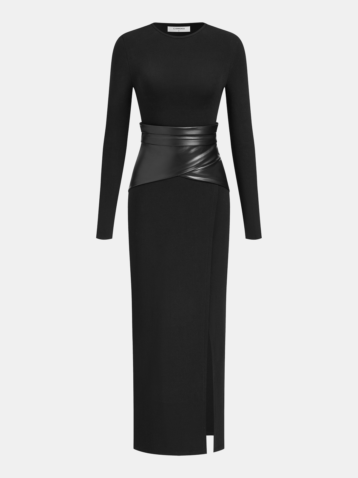 chinese dress ladies Faux Leather Wrap Waist Dress with Side Slit