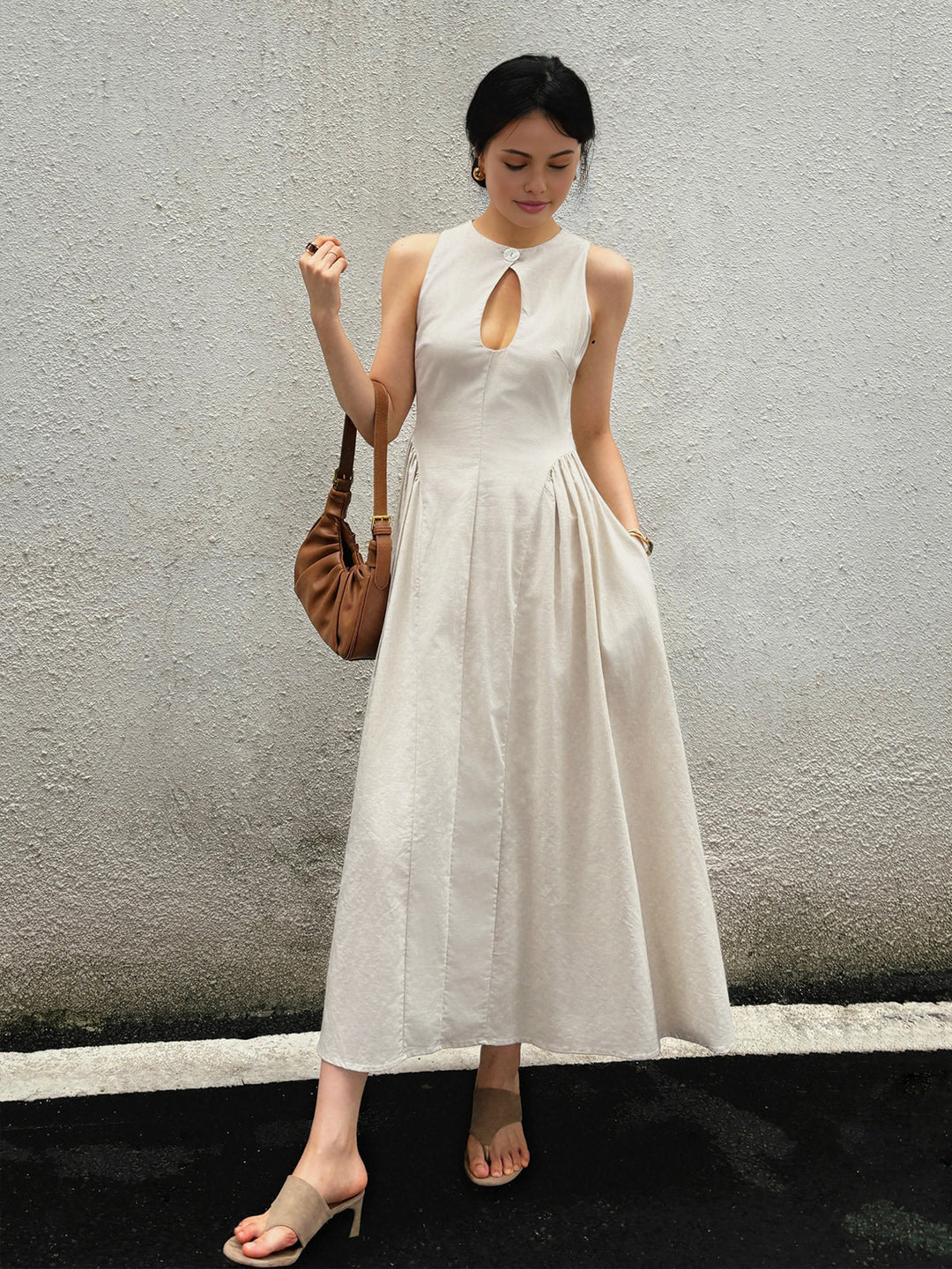 Cotton & Linen Pleated Cutout Long Dress – COMMENSE