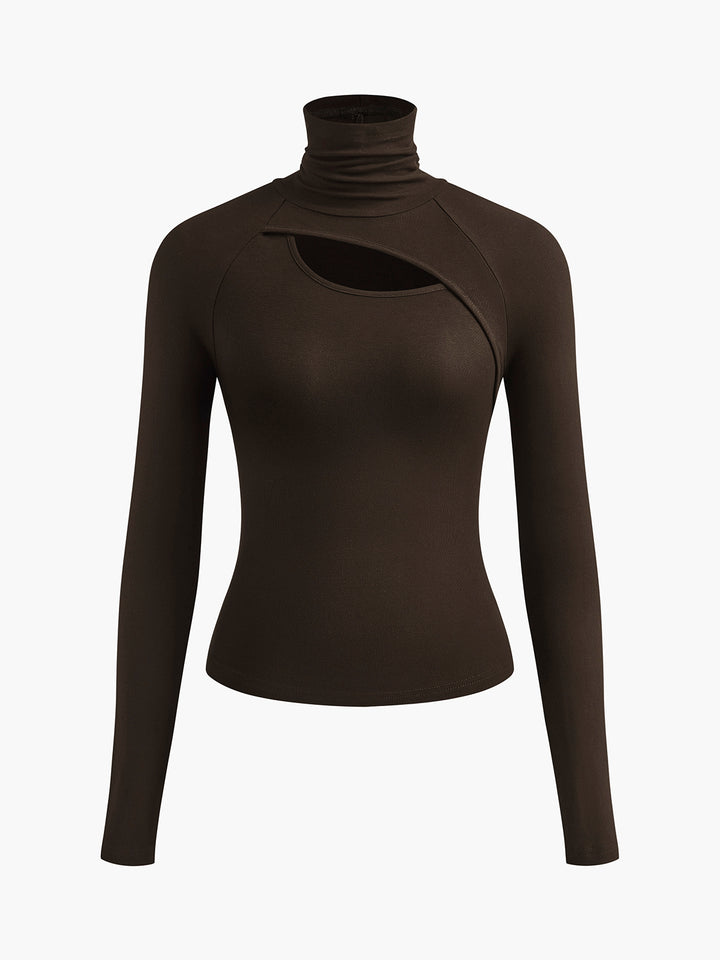 Asymmetric Cut Out Turtleneck Long Sleeve Slinky Top | COMMENSE