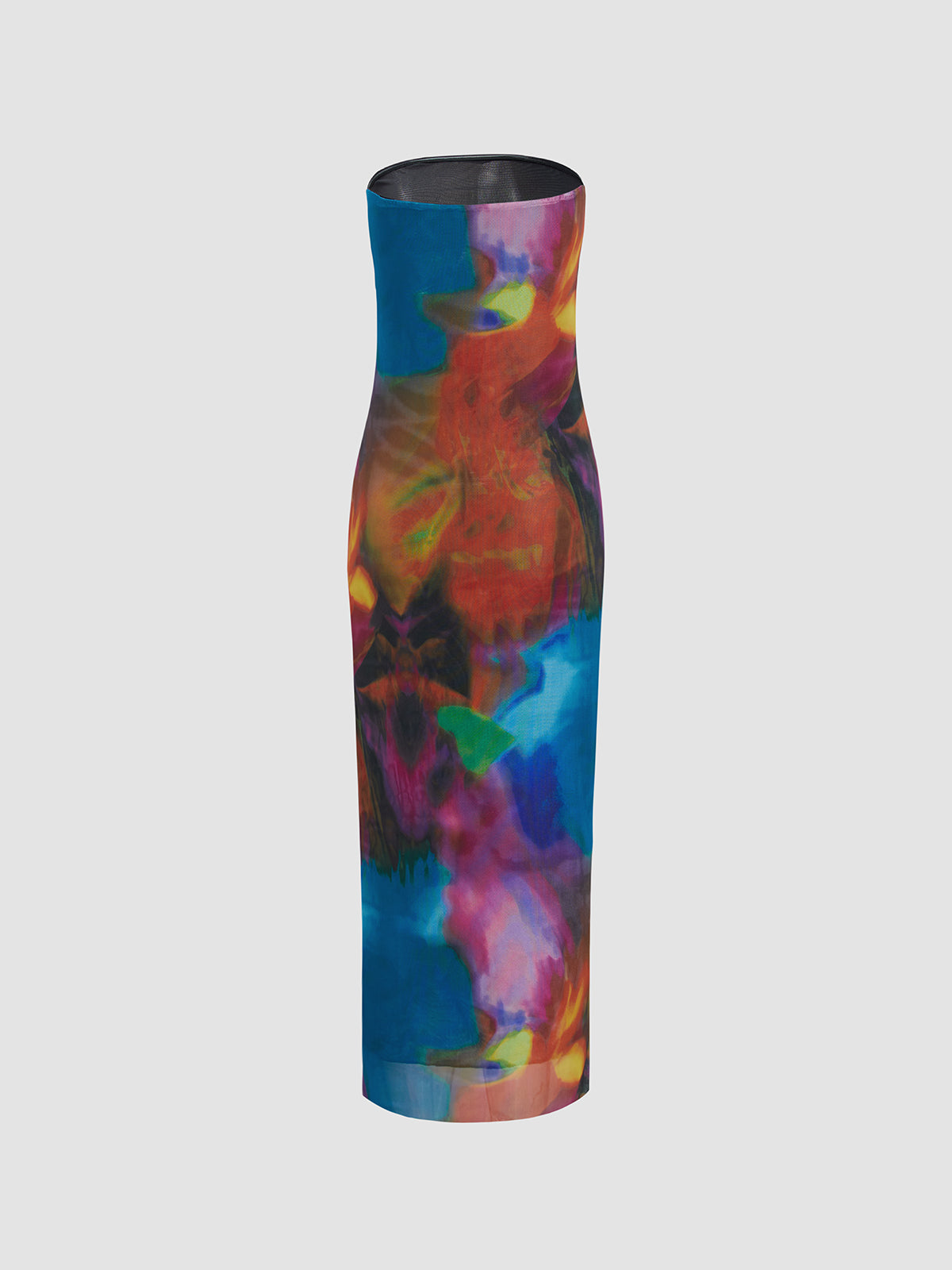 596397 Tulle Printed Mesh Strapless Tube Midi Dress | COMMENSE